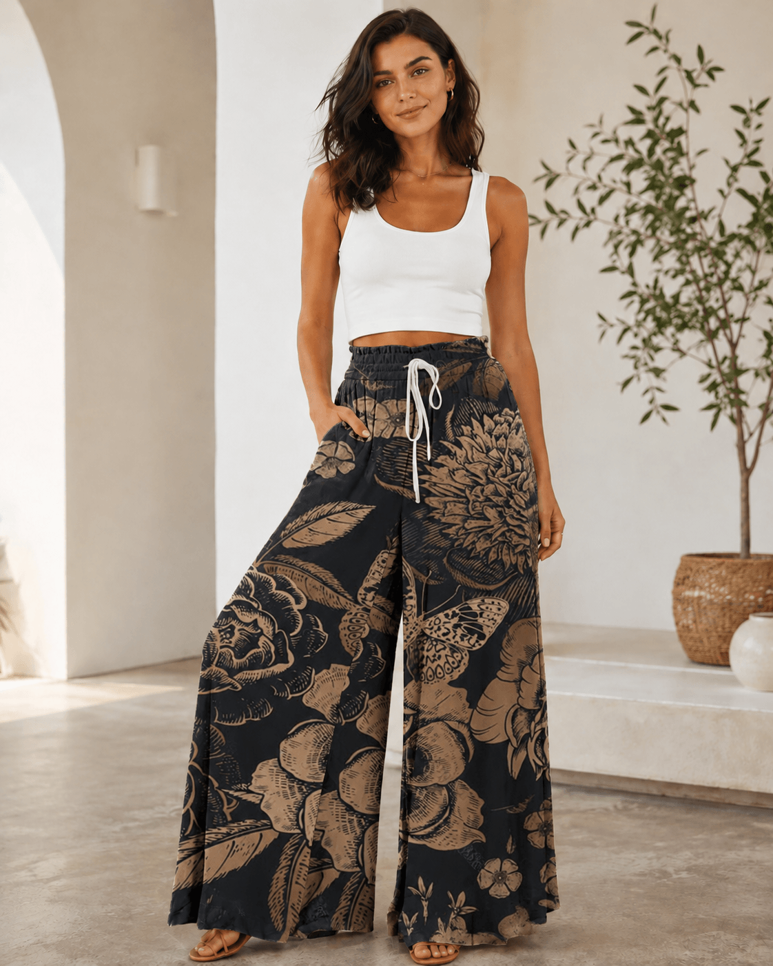 Women’s Floral Print Drawstring Wide Leg Trousers