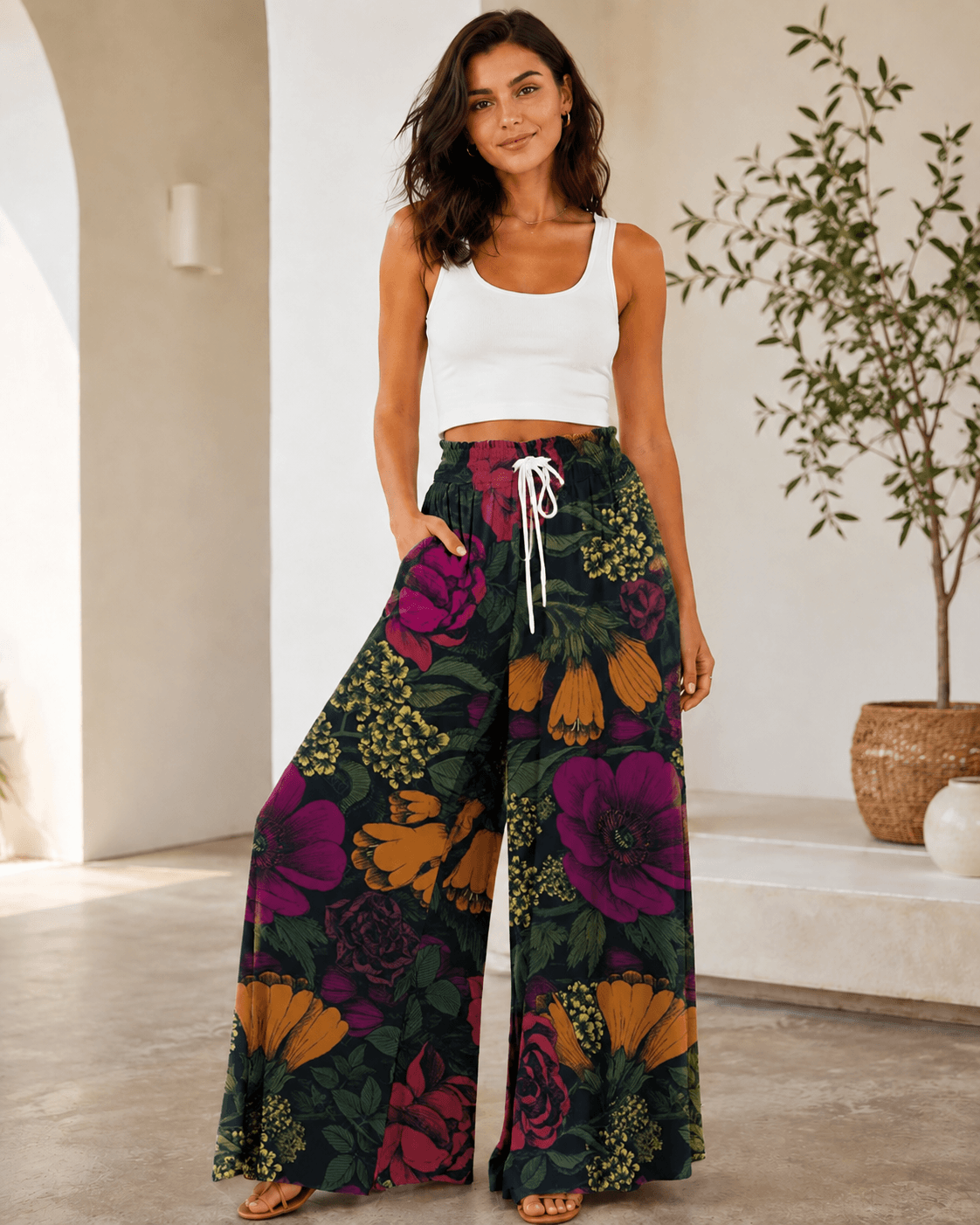 Women’s Floral Print Drawstring Wide Leg Trousers