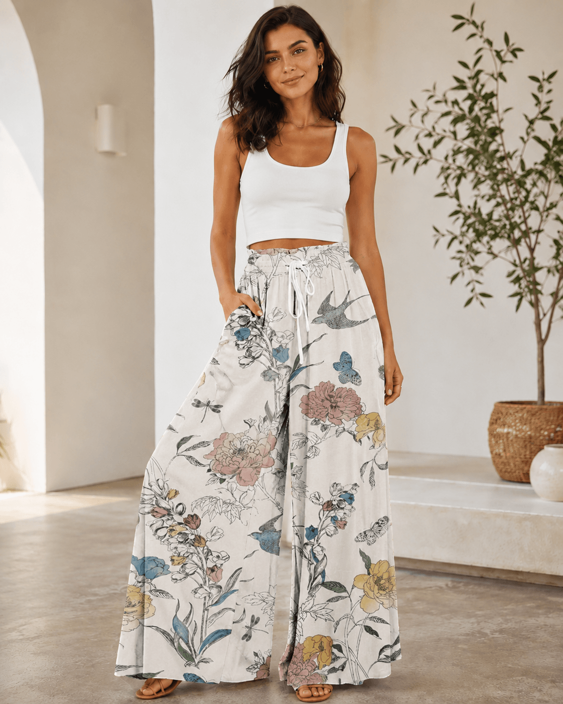 Women’s Floral Print Drawstring Wide Leg Trousers