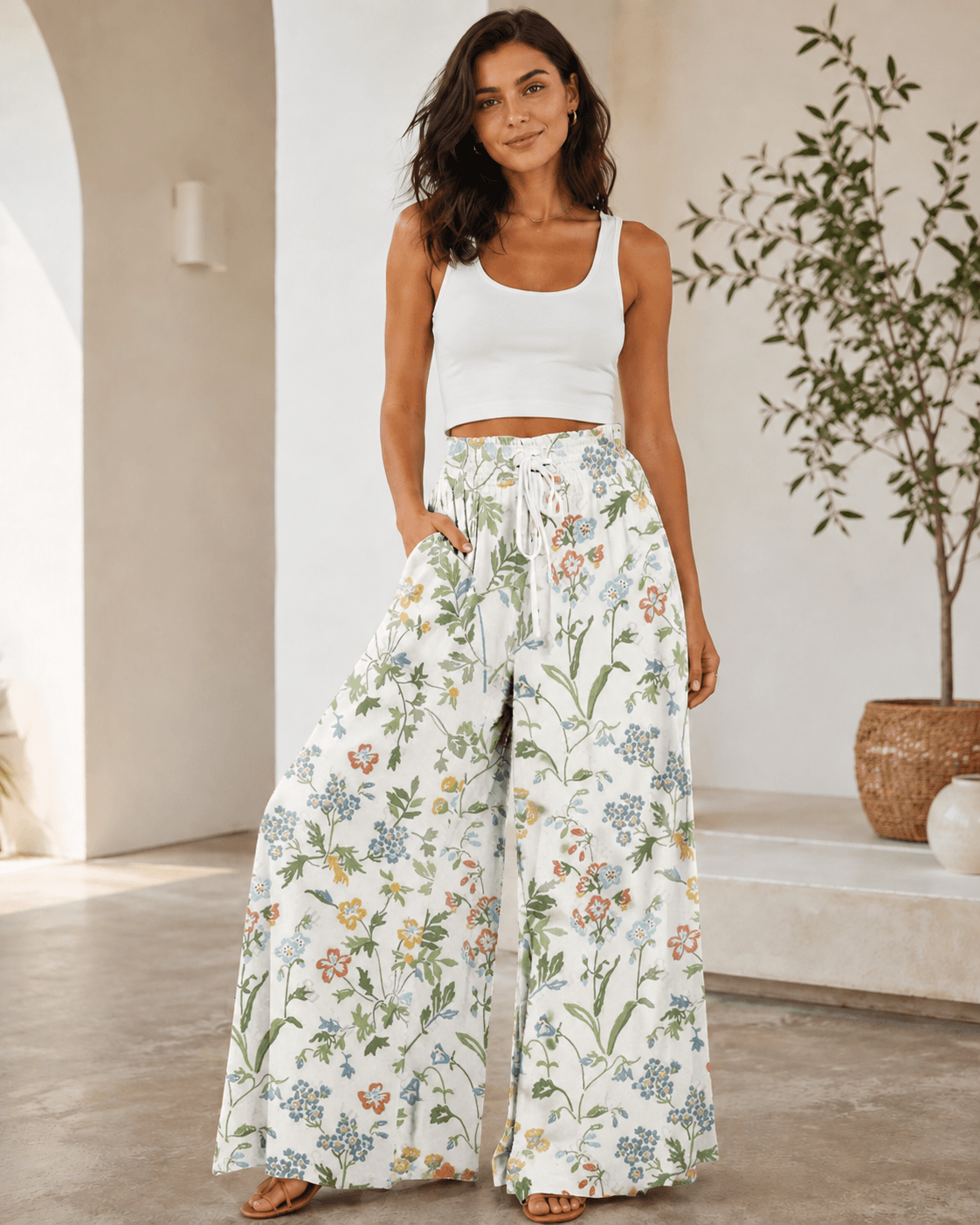 Women’s Floral Print Drawstring Wide Leg Trousers
