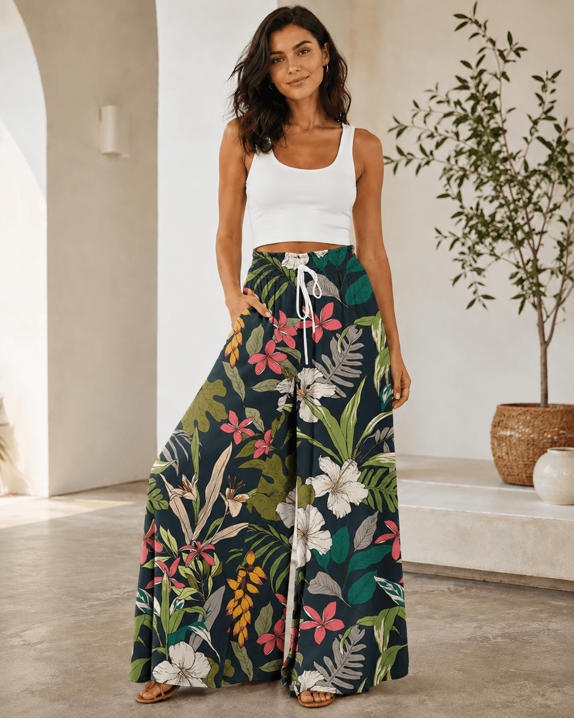 Women’s Floral Print Drawstring Wide Leg Trousers