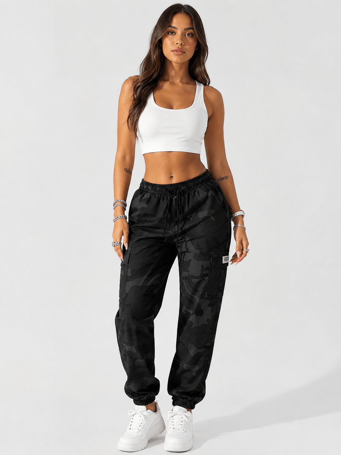 Women’s Camo Cargo Jogger Trousers with Drawstring Waist