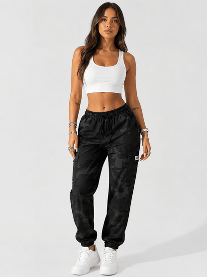 Women’s Camo Cargo Jogger Trousers with Drawstring Waist
