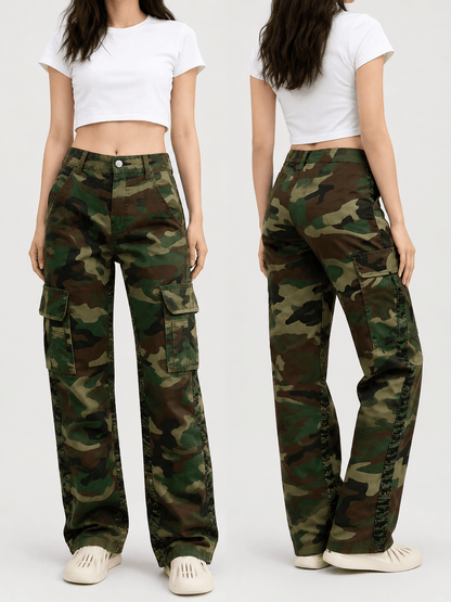 Women’s Camo Cargo Trousers High Waist Straight Leg Utility Pants