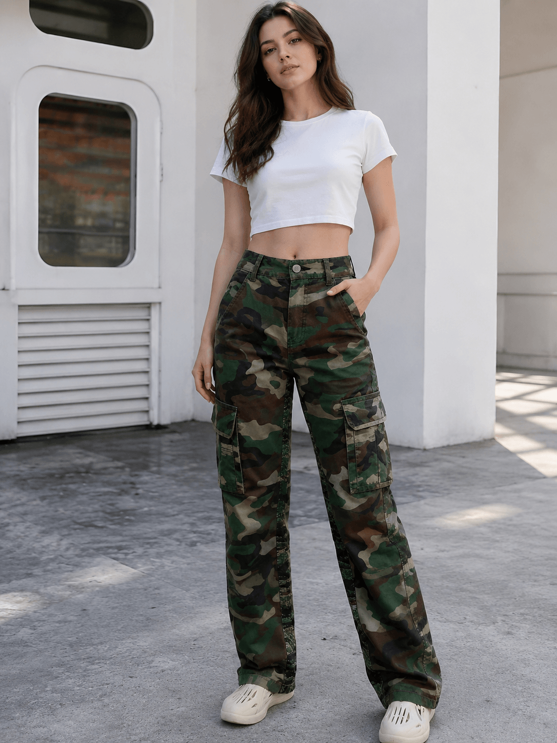 Women’s Camo Cargo Trousers High Waist Straight Leg Utility Pants