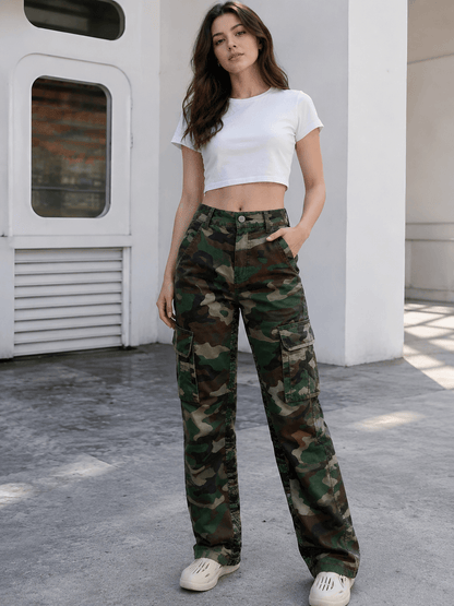 Women’s Camo Cargo Trousers High Waist Straight Leg Utility Pants