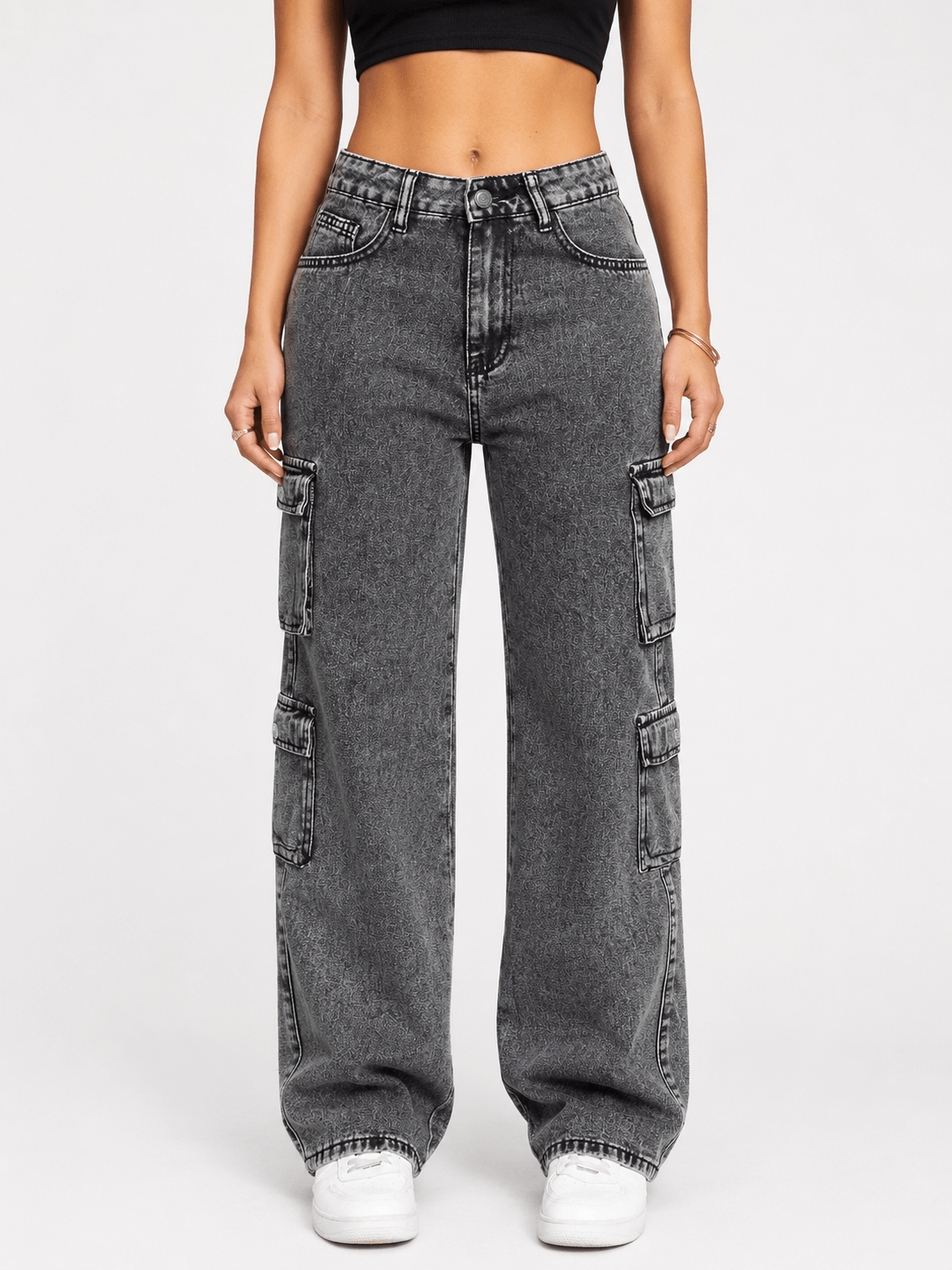 Women’s Grey High Waist Cargo Jeans with Multiple Pockets