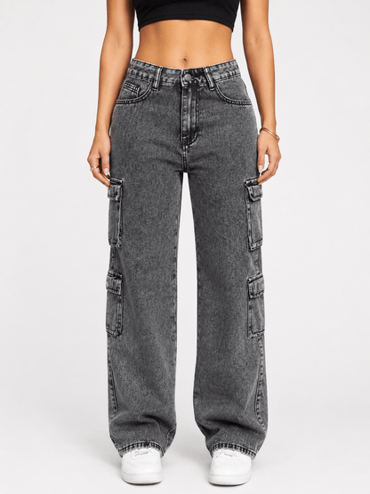 Women’s Grey High Waist Cargo Jeans with Multiple Pockets