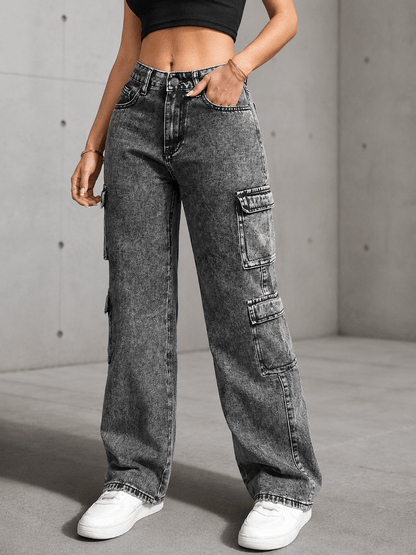 Women’s Grey High Waist Cargo Jeans with Multiple Pockets