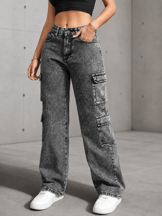 Women’s Grey High Waist Cargo Jeans with Multiple Pockets