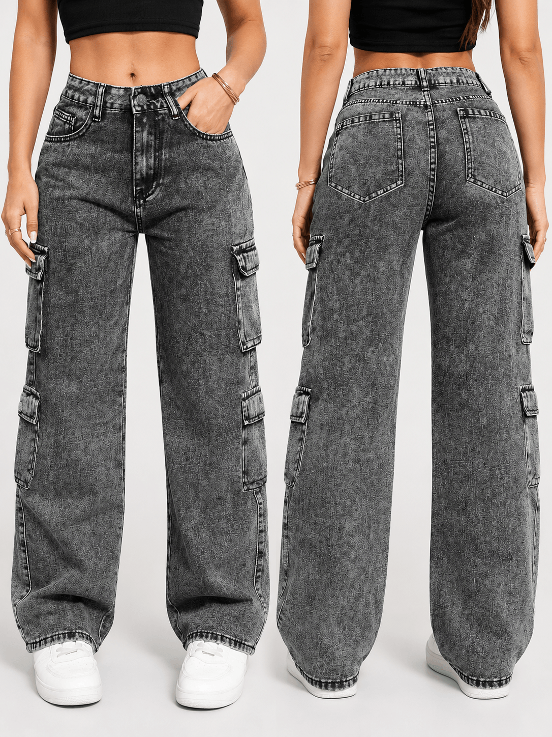 Women’s Grey High Waist Cargo Jeans with Multiple Pockets