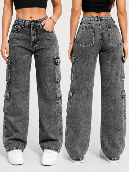 Women’s Grey High Waist Cargo Jeans with Multiple Pockets