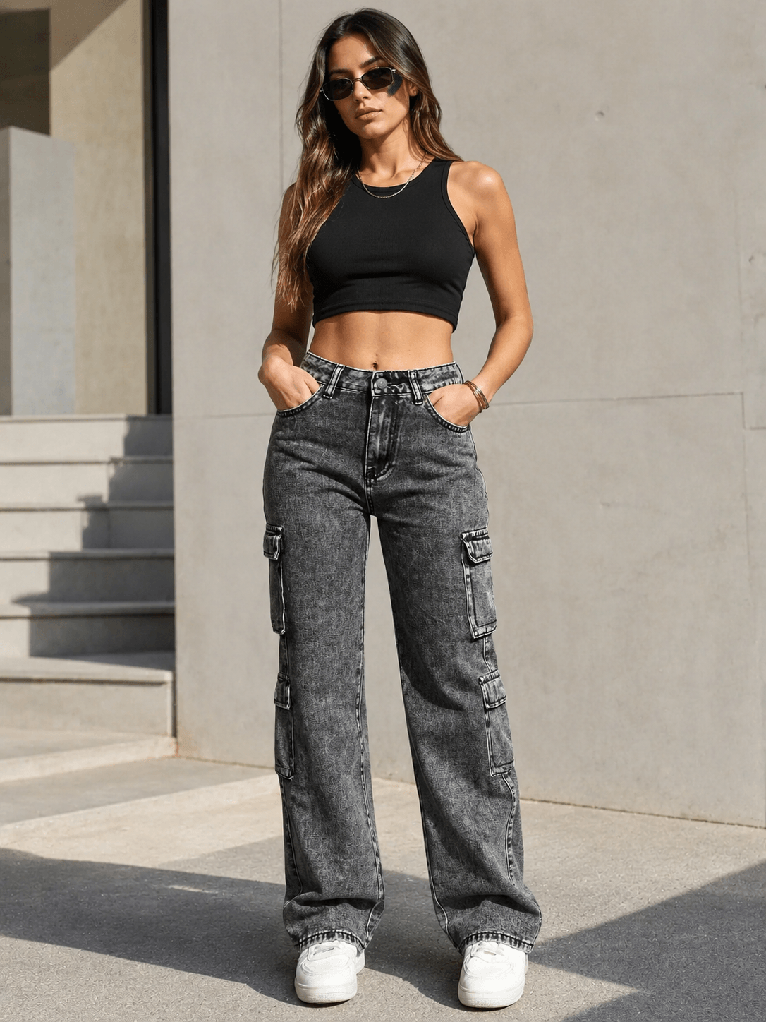 Women’s Grey High Waist Cargo Jeans with Multiple Pockets