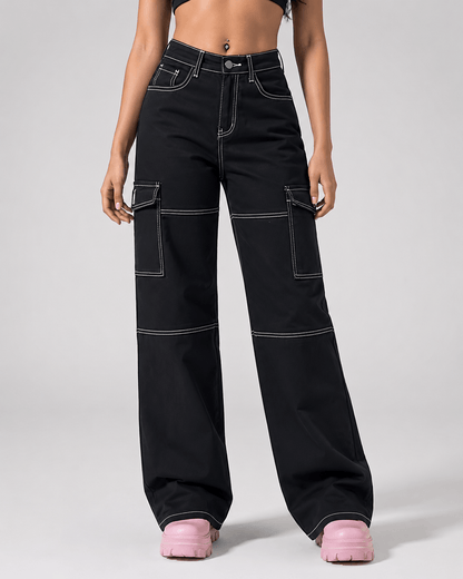 Women’s Black Stretch Cargo Jeans Straight Leg Denim Trousers