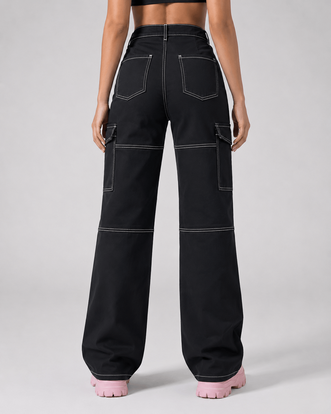 Women’s Black Stretch Cargo Jeans Straight Leg Denim Trousers