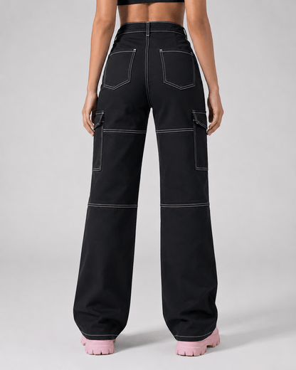 Women’s Black Stretch Cargo Jeans Straight Leg Denim Trousers