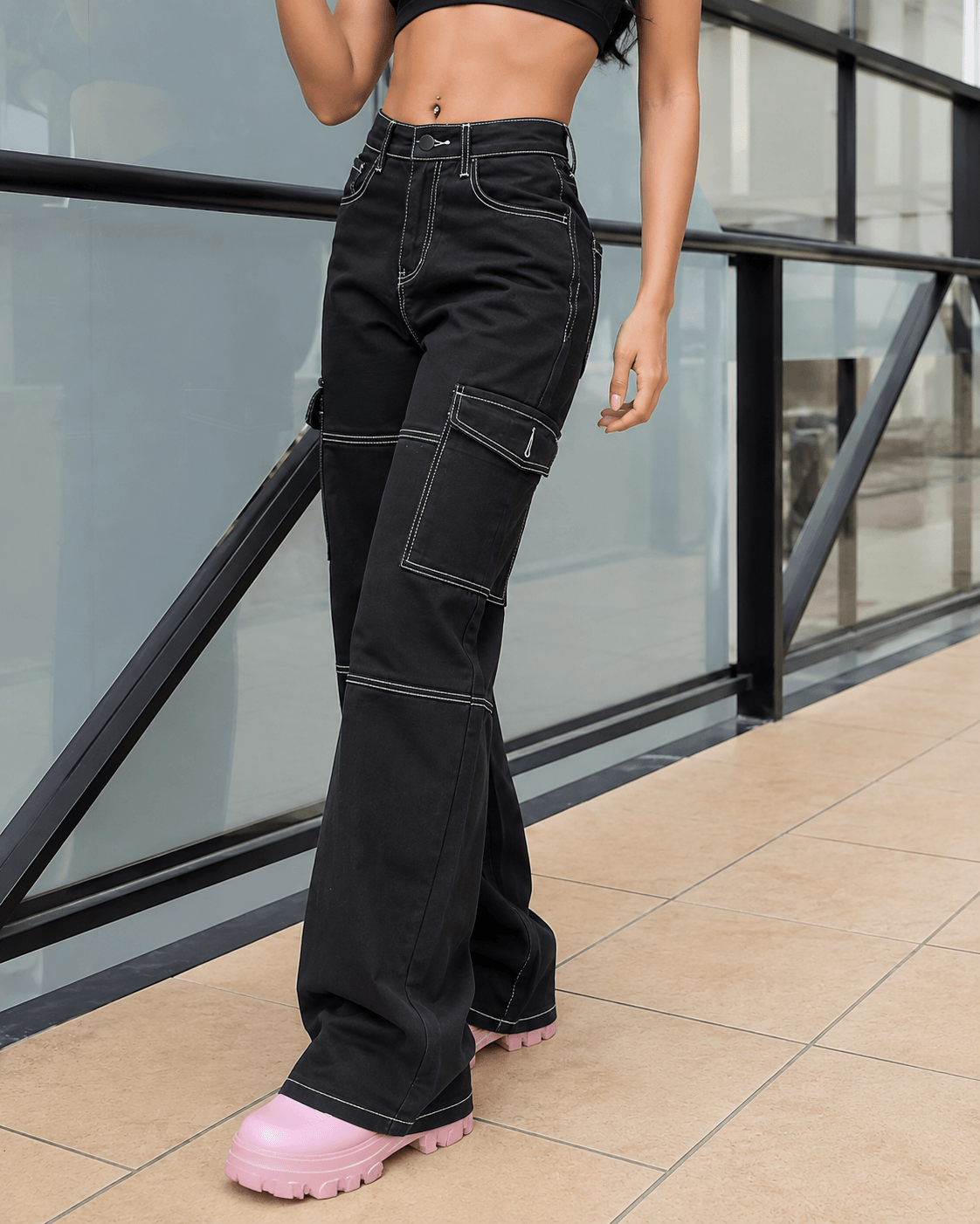 Women’s Black Stretch Cargo Jeans Straight Leg Denim Trousers