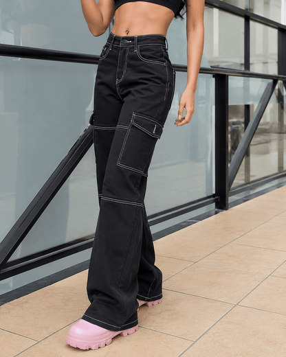 Women’s Black Stretch Cargo Jeans Straight Leg Denim Trousers