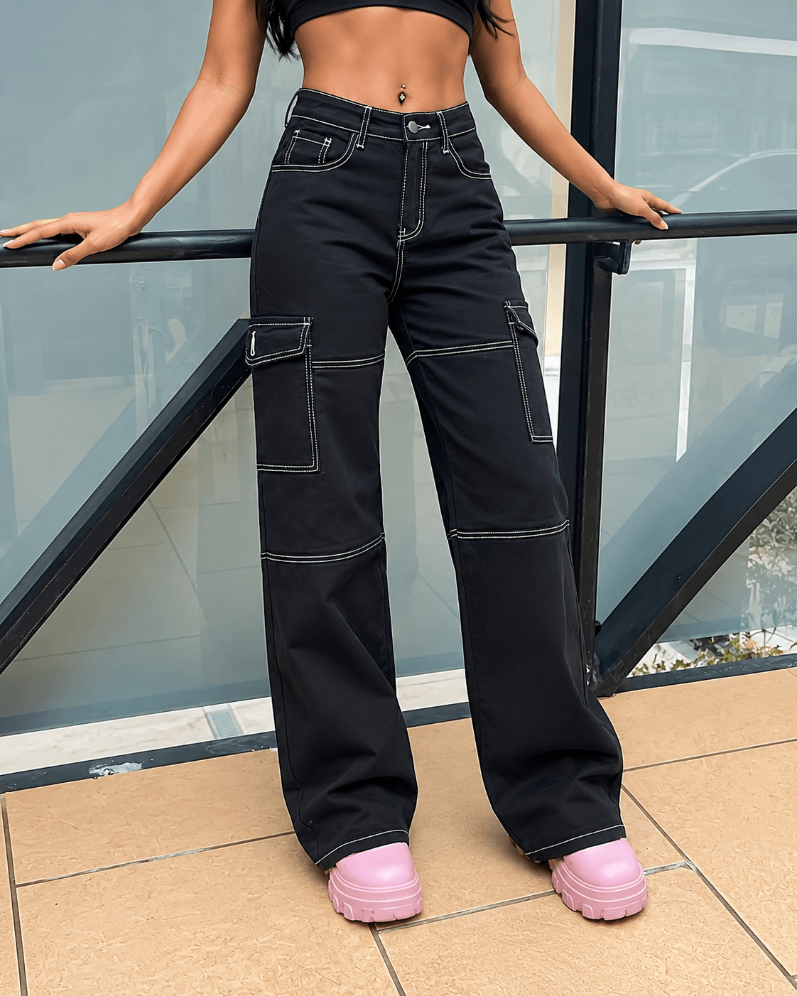 Women’s Black Stretch Cargo Jeans Straight Leg Denim Trousers