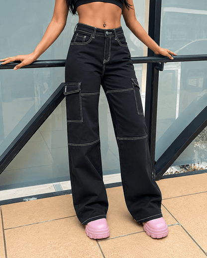 Women’s Black Stretch Cargo Jeans Straight Leg Denim Trousers