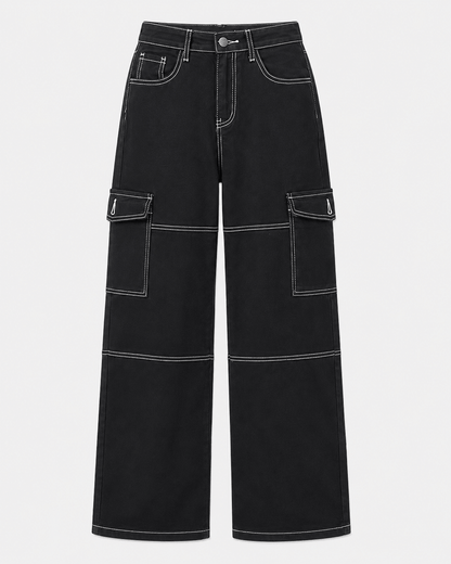 Women’s Black Stretch Cargo Jeans Straight Leg Denim Trousers
