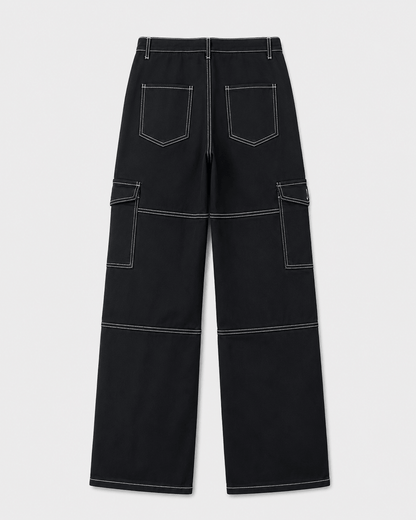 Women’s Black Stretch Cargo Jeans Straight Leg Denim Trousers