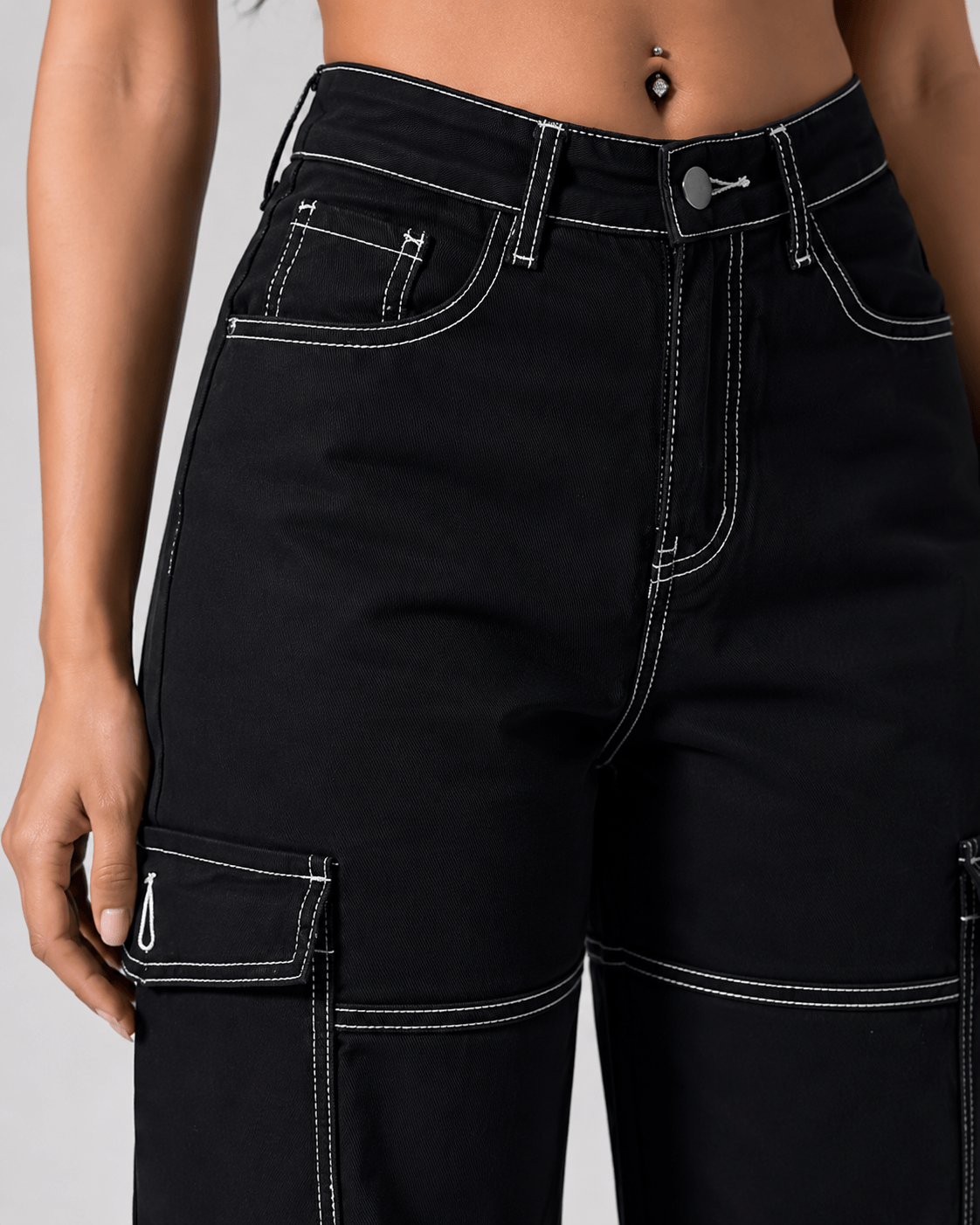 Women’s Black Stretch Cargo Jeans Straight Leg Denim Trousers