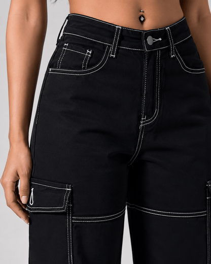 Women’s Black Stretch Cargo Jeans Straight Leg Denim Trousers
