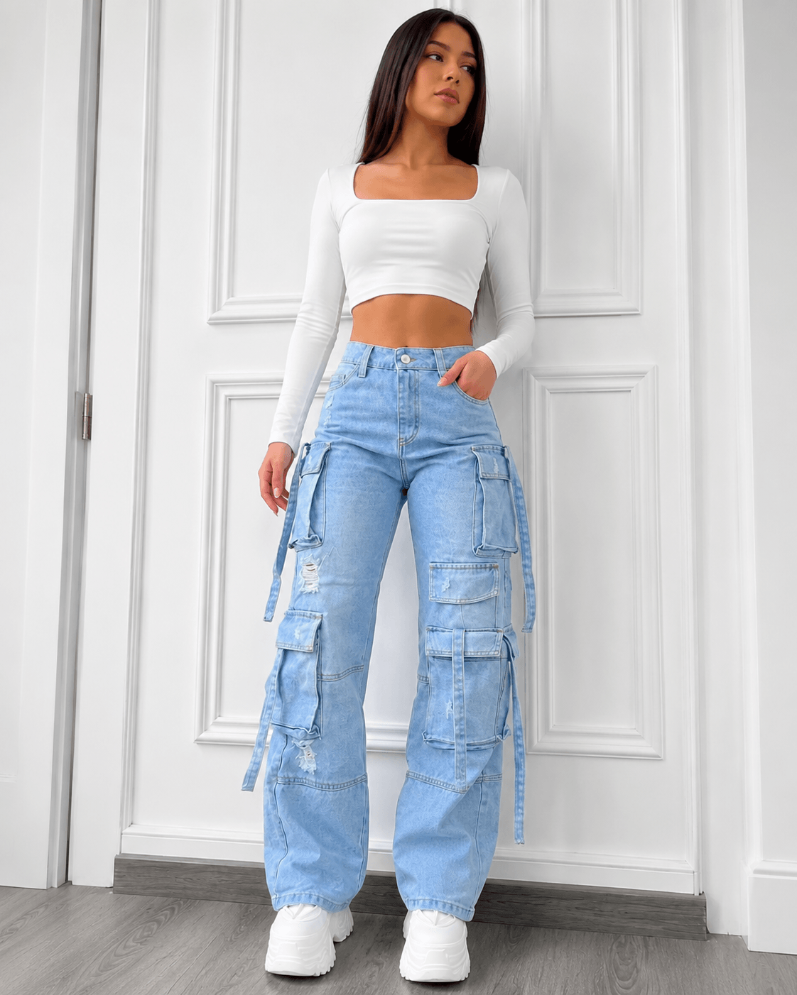 Women’s Light Blue High Waist Cargo Jeans Plus Size