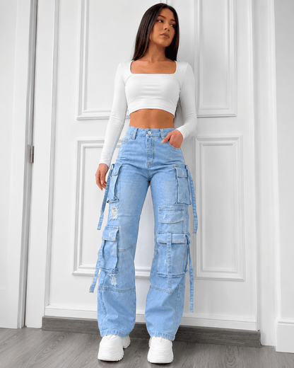 Women’s Light Blue High Waist Cargo Jeans Plus Size