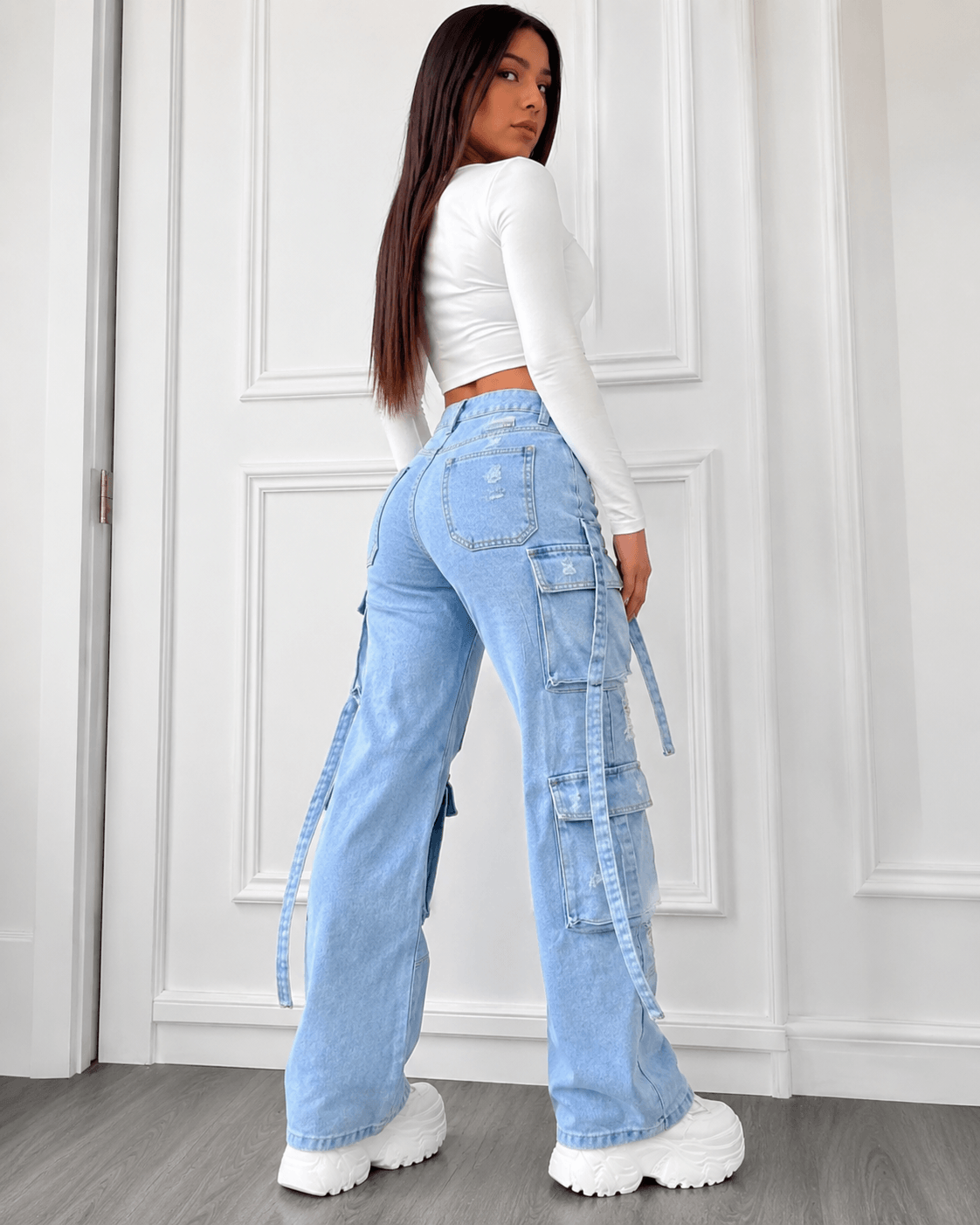 Women’s Light Blue High Waist Cargo Jeans Plus Size