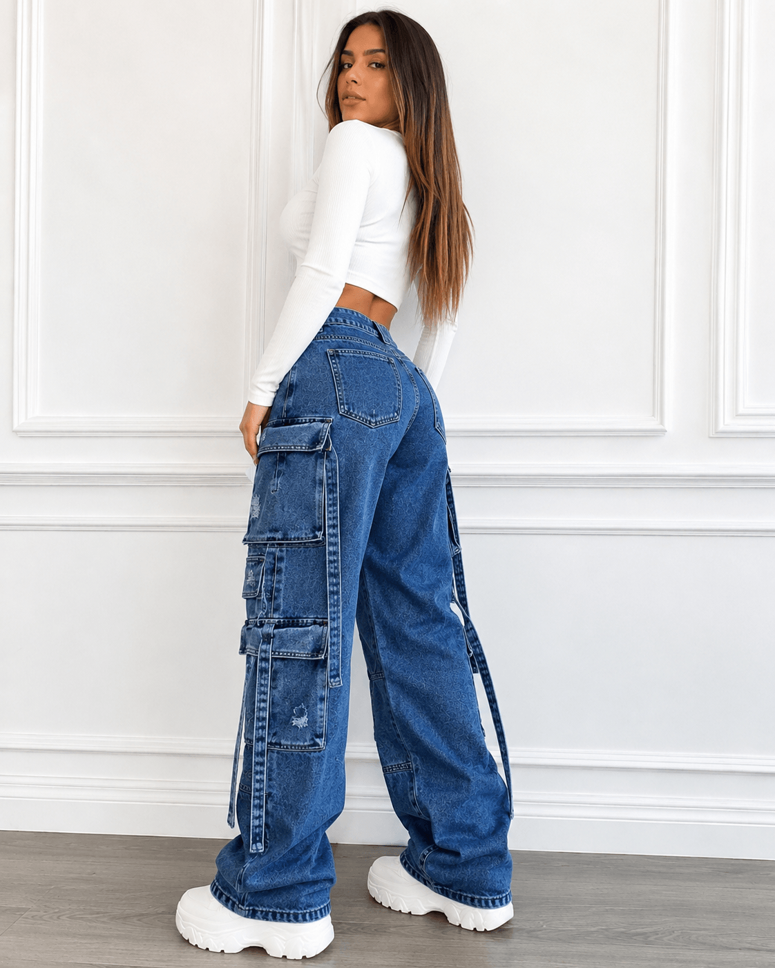 Women’s Light Blue High Waist Cargo Jeans Plus Size