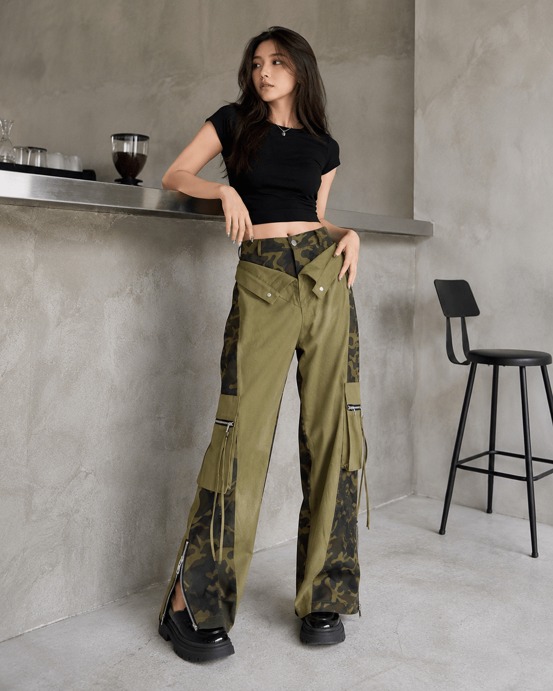 Women’s High Waist Patchwork Cargo Trousers Straight Leg