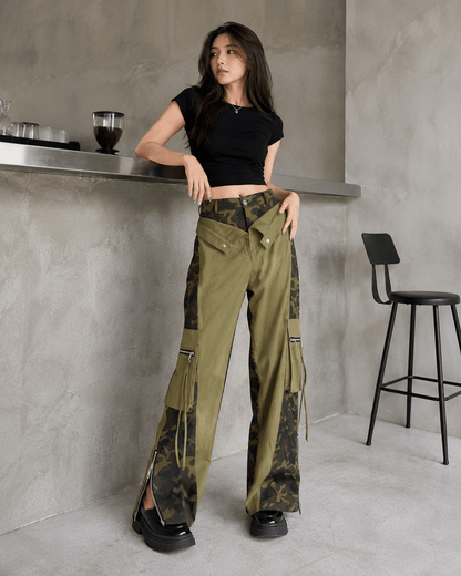 Women’s High Waist Patchwork Cargo Trousers Straight Leg