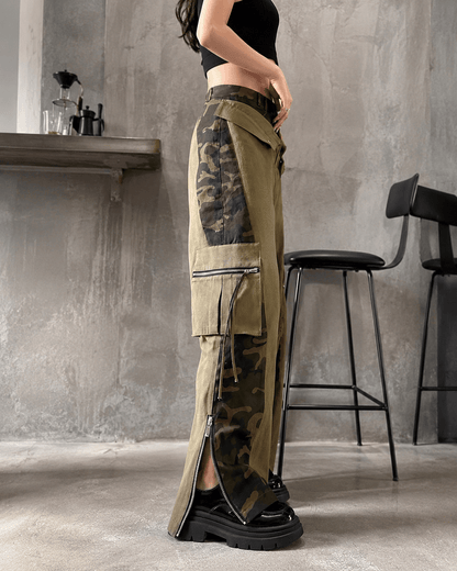 Women’s High Waist Patchwork Cargo Trousers Straight Leg