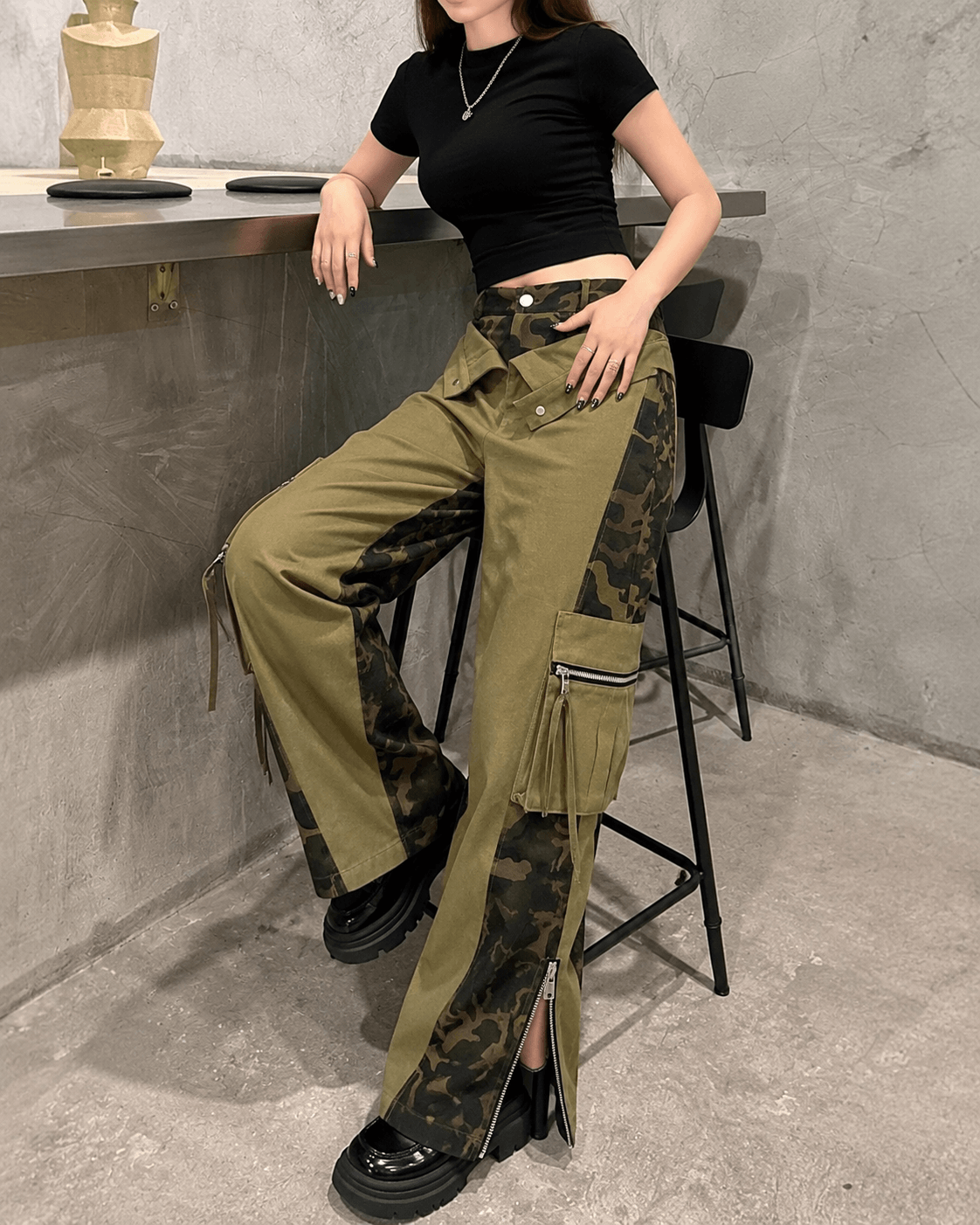 Women’s High Waist Patchwork Cargo Trousers Straight Leg