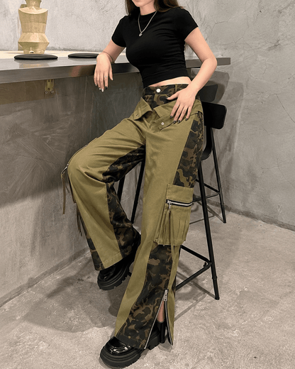 Women’s High Waist Patchwork Cargo Trousers Straight Leg