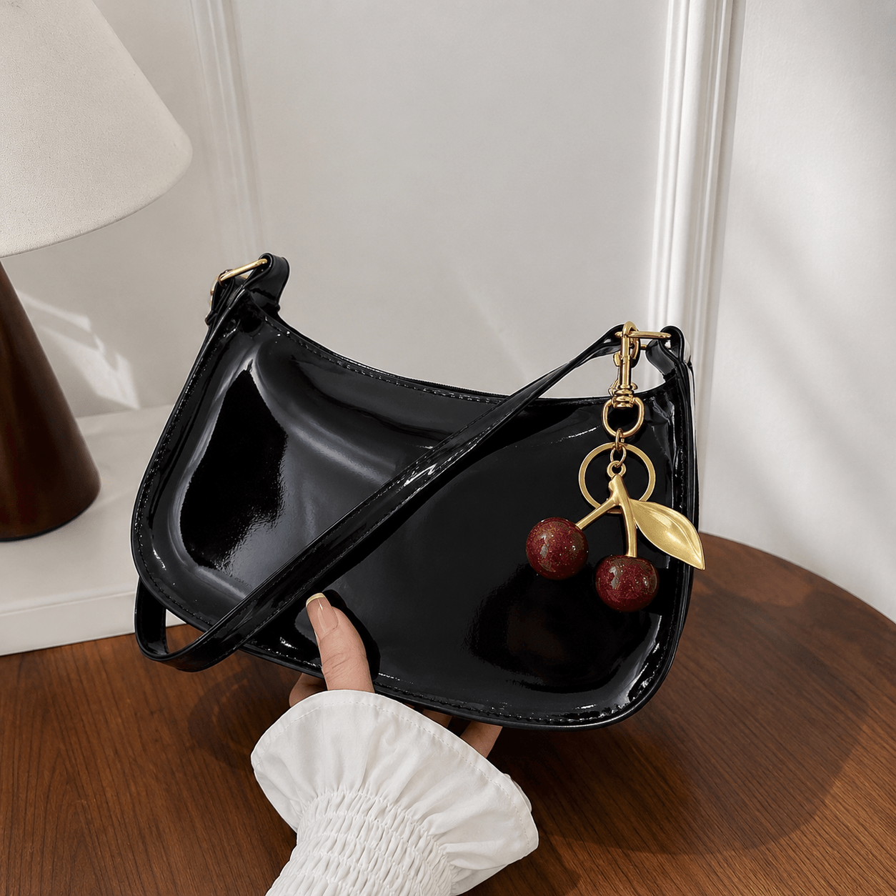 Women’s PU Leather Shoulder Bag with Cherry Pendant