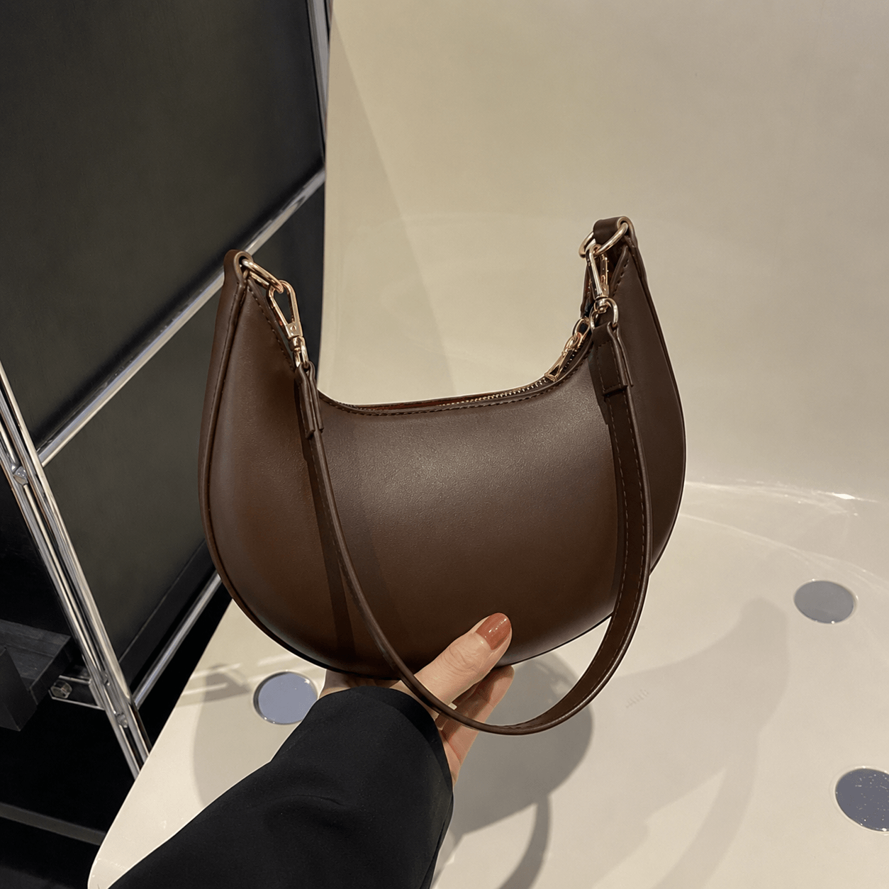 Women’s Half Moon PU Shoulder Bag with Zipper Closure