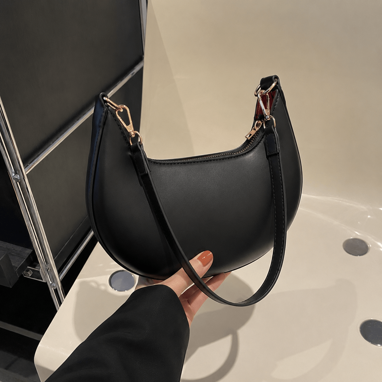 Women’s Half Moon PU Shoulder Bag with Zipper Closure
