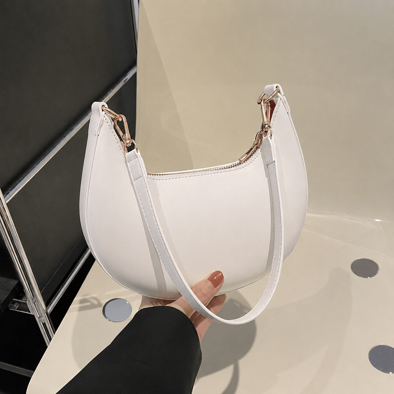 Women’s Half Moon PU Shoulder Bag with Zipper Closure