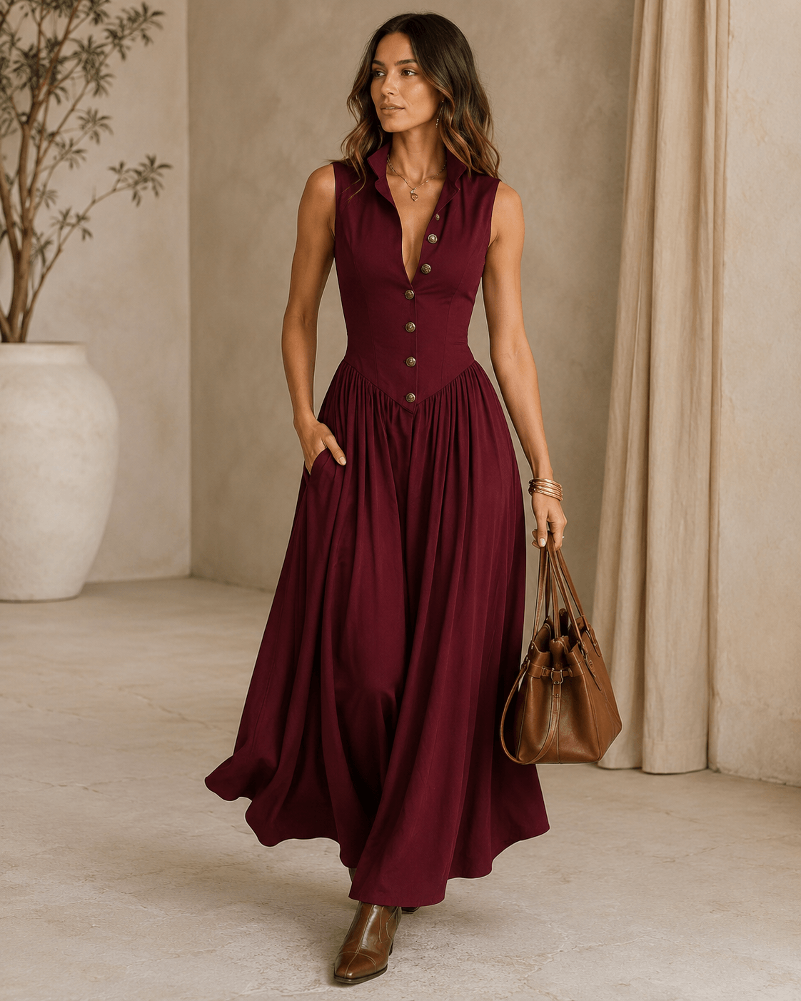 Women’s Sleeveless Collared Midi Shirt Dress