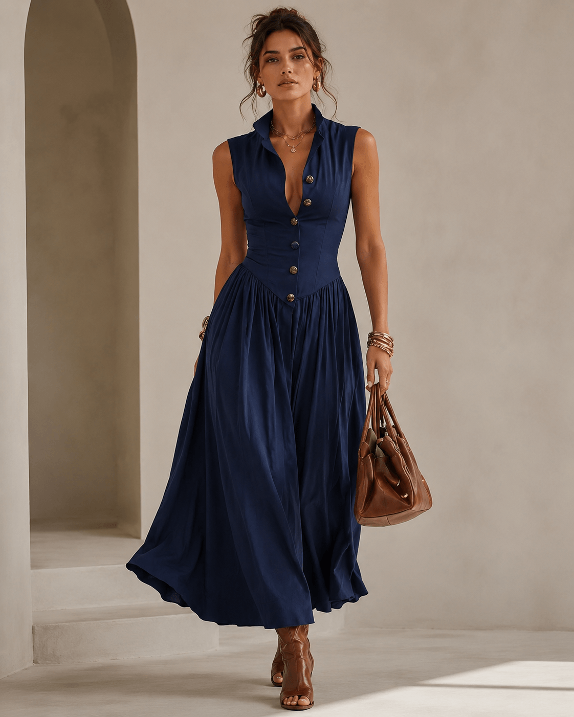 Women’s Sleeveless Collared Midi Shirt Dress