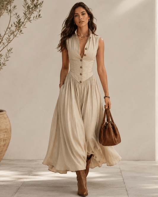 Women’s Sleeveless Collared Midi Shirt Dress