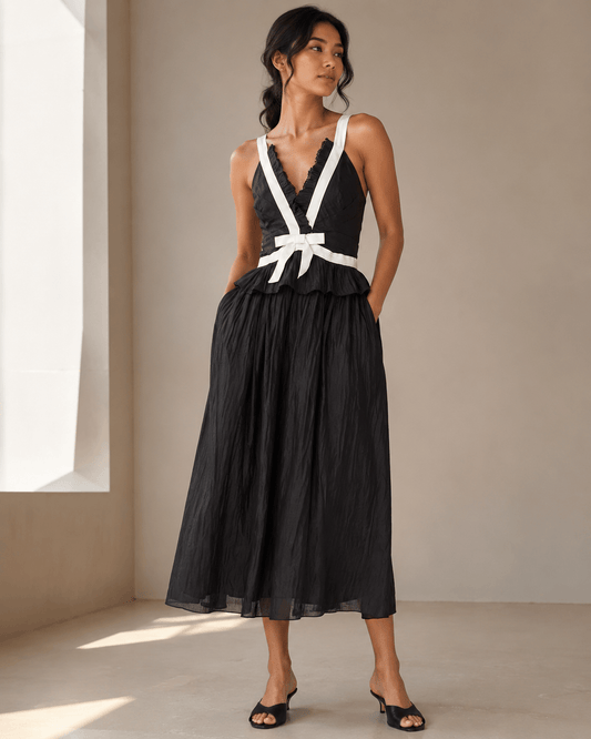 Women's Black V Neck Bow Midi Dress with Sleeveless Contrast Detail