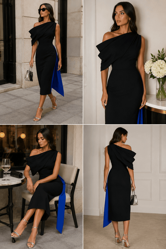 Women's Black One Shoulder Draped Midi Dress with Blue Contrast Panel