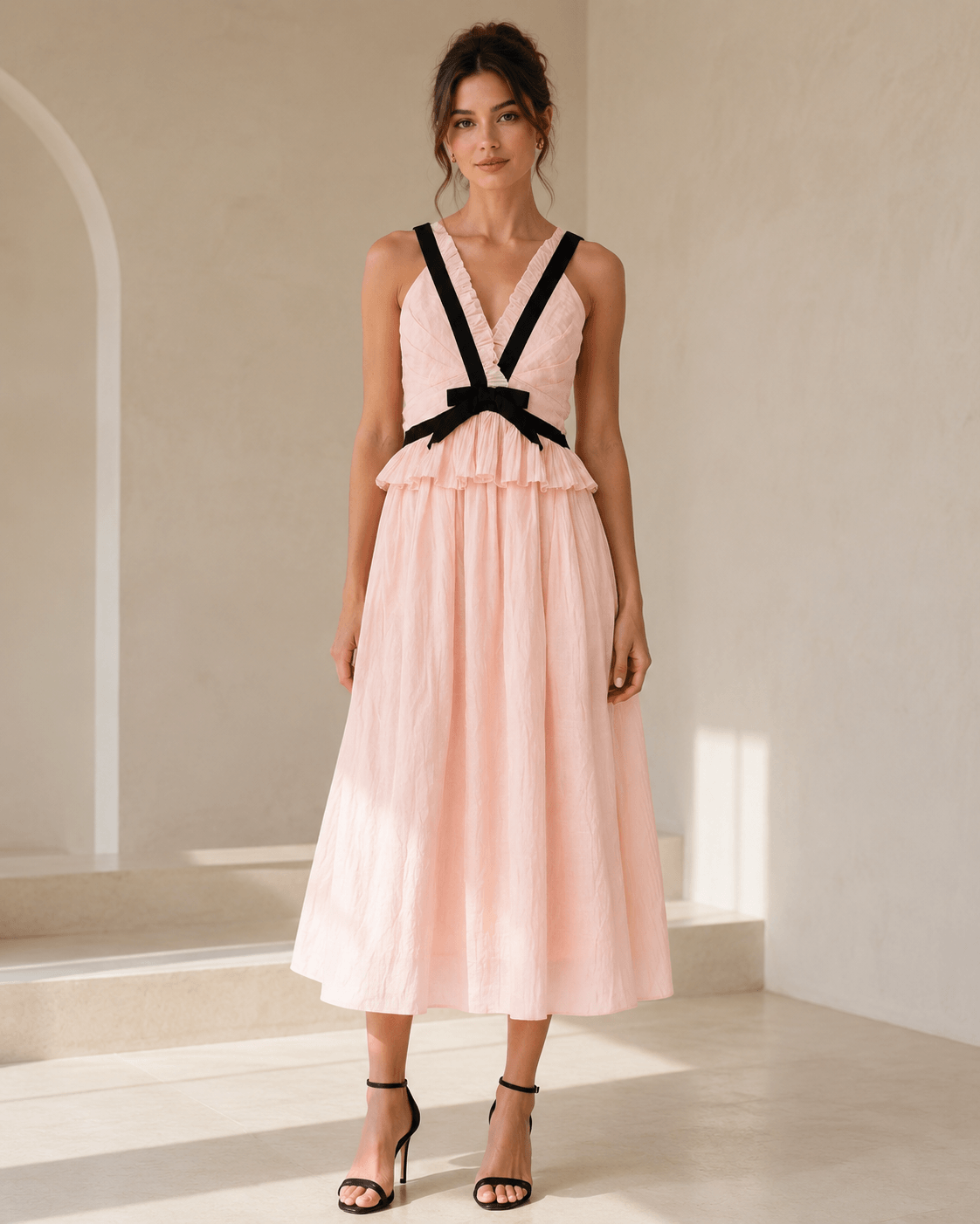 Women's Pink V Neck Bow Midi Dress with Sleeveless Ruffle Detail
