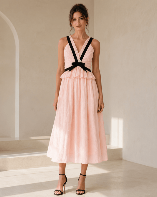 Women's Pink V Neck Bow Midi Dress with Sleeveless Ruffle Detail