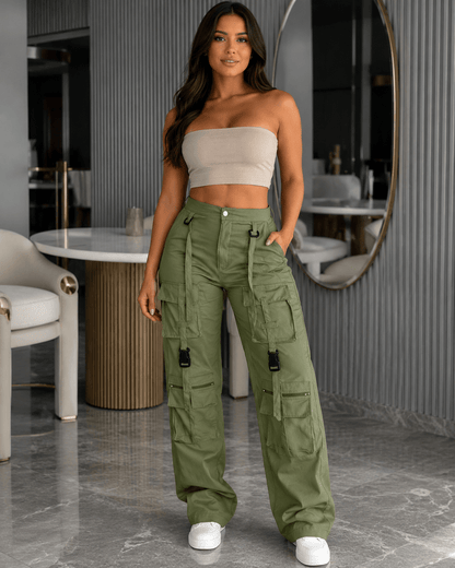 Women's Vintage Wide Leg Cargo Trousers – Multi Pocket Drawstring Utility Pants