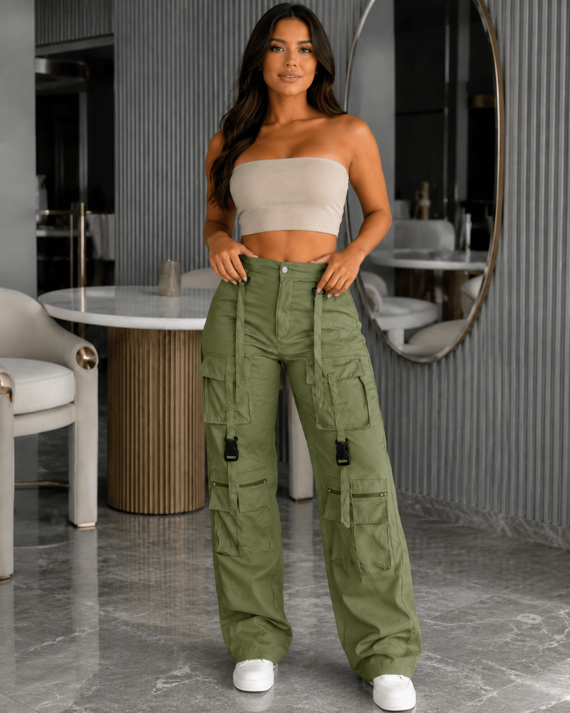 Women's Vintage Wide Leg Cargo Trousers – Multi Pocket Drawstring Utility Pants